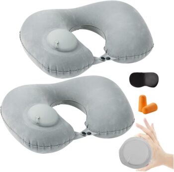 2PCS Inflatable Travel Pillow, Adjustable Inflatable Neck Pillow, Portable Fast Inflatable Pillow U-Shaped with Eye Mask,Earplug and Carry Bag, for Airplanes,Traveling,Lumbar Support (Grey)