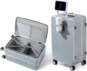 20 Inch Carry On Luggage Airline Approved with Lock and Cup Holder,Top Opening Hard Shell Suitcases Travel Luggage with Wheels,Gray