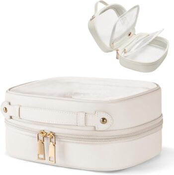 Clear Cosmetic Bag Double Layer Travel Toiletry Bag White Makeup Bag Case with 4 Compartments, Transparent Travel Bag for Toiletries,  Toiletry Case for Women (White)