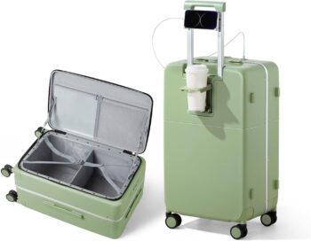 20 Inch Carry On Luggage Airline Approved with Lock and Cup Holder,Top Opening Hard Shell Suitcases Travel Luggage with Wheels,Bamboo Green