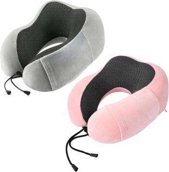 Neck Pillow Airplane-2 Pack Memory Foam Travel Pillow, Soft & Support Travel Neck Pillow for Travelling, Sleeping Rest, Car, Train and Home Use (Grey&Pink)