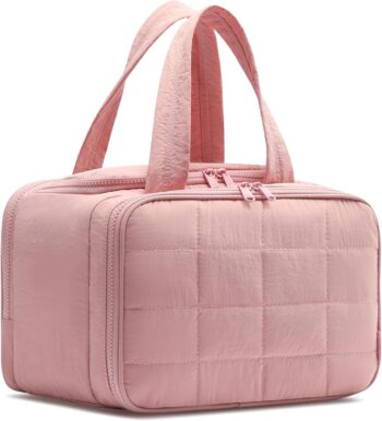 Travel Toiletry Bag, Puffy Wide-open Quilted Makeup Bag for Women,Lightweight Cosmetic Travel Bag Organizer with Handle for Traveling, Accessories, Essentials Toiletries Dark Pink