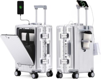 24 Inch Checked In Luggage with Cup Phone Holder and Laptop Compartment, PC Hard Shell Suitcase with Spinner Wheels and USB Port, Large Luggage for Business Travel