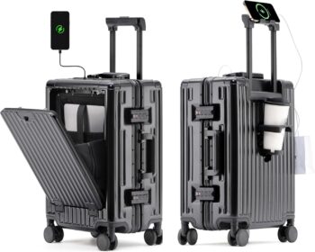 24 Inch Checked In Luggage with Cup Phone Holder and Laptop Compartment, PC Hard Shell Suitcase with Spinner Wheels and USB Port, Large Luggage for Business Travel