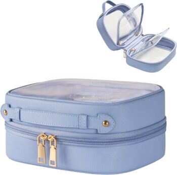 Clear Cosmetic Bag Double Layer Travel Toiletry Bag Clear Makeup Bag Case with 4 Compartments, Transparent Travel Bag for Toiletries,  Toiletry Case for Women (Blue)
