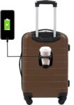 Smart Luggage Set with Cup Holder and USB Port, Toffee, 20-Inch Carry-On