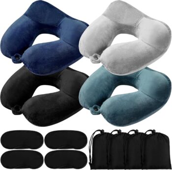 4 Sets Inflatable Travel Pillows for Airplanes with Compact Bag and Blindfold Velvet Inflatable Neck Pillow for Traveling Head Support U Shaped Flight, 12 x 12 x 5.5 Inch(Multi Color)