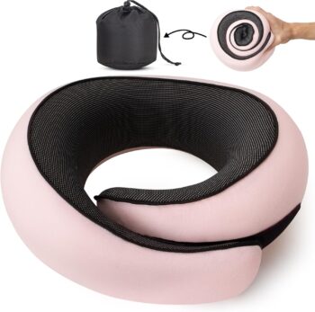 Travel Pillow, Travel Neck Pillow for Airplanes Car, 100% Pure Memory Foam Travel Pillow, Sleeping Essentials for Long Flight 360° Head Support Degree Comfort and Breathability (Pink)