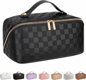 Large Capacity Travel Cosmetic Bag - Portable Makeup Bags for Women Waterproof PU Leather Checkered Makeup Organizer Bag with Dividers and Handle,Toiletry Bag for Cosmetics